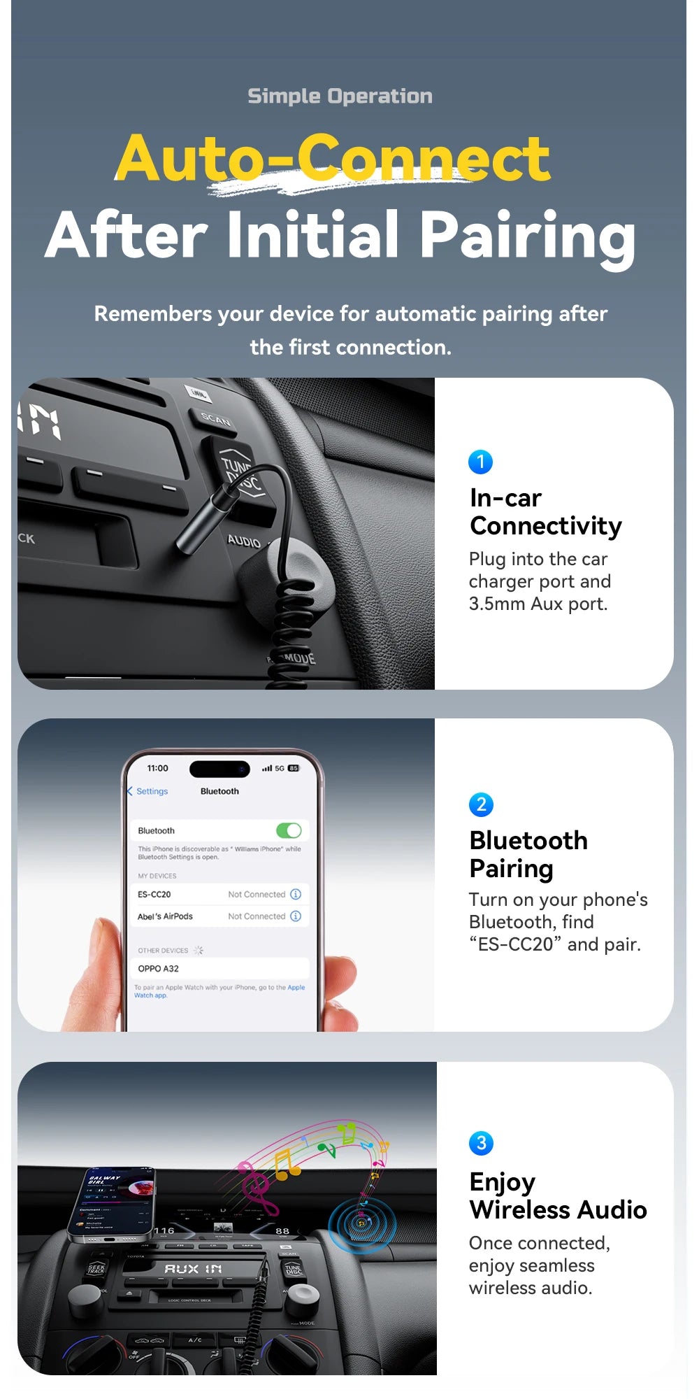 Essager Bluetooth 5.3 Car Charger 3.5mm Jack AUX Cable 35W Fast Charging for iPhone16 15 Huawei Samsung Bluetooth Car Chargers