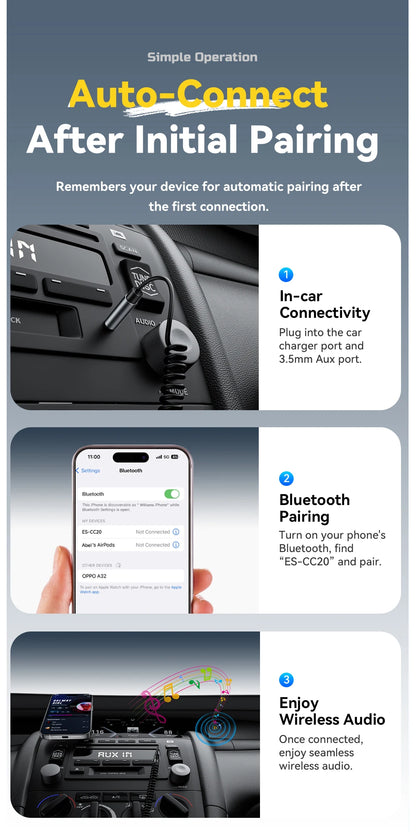 Essager Bluetooth 5.3 Car Charger 3.5mm Jack AUX Cable 35W Fast Charging for iPhone16 15 Huawei Samsung Bluetooth Car Chargers