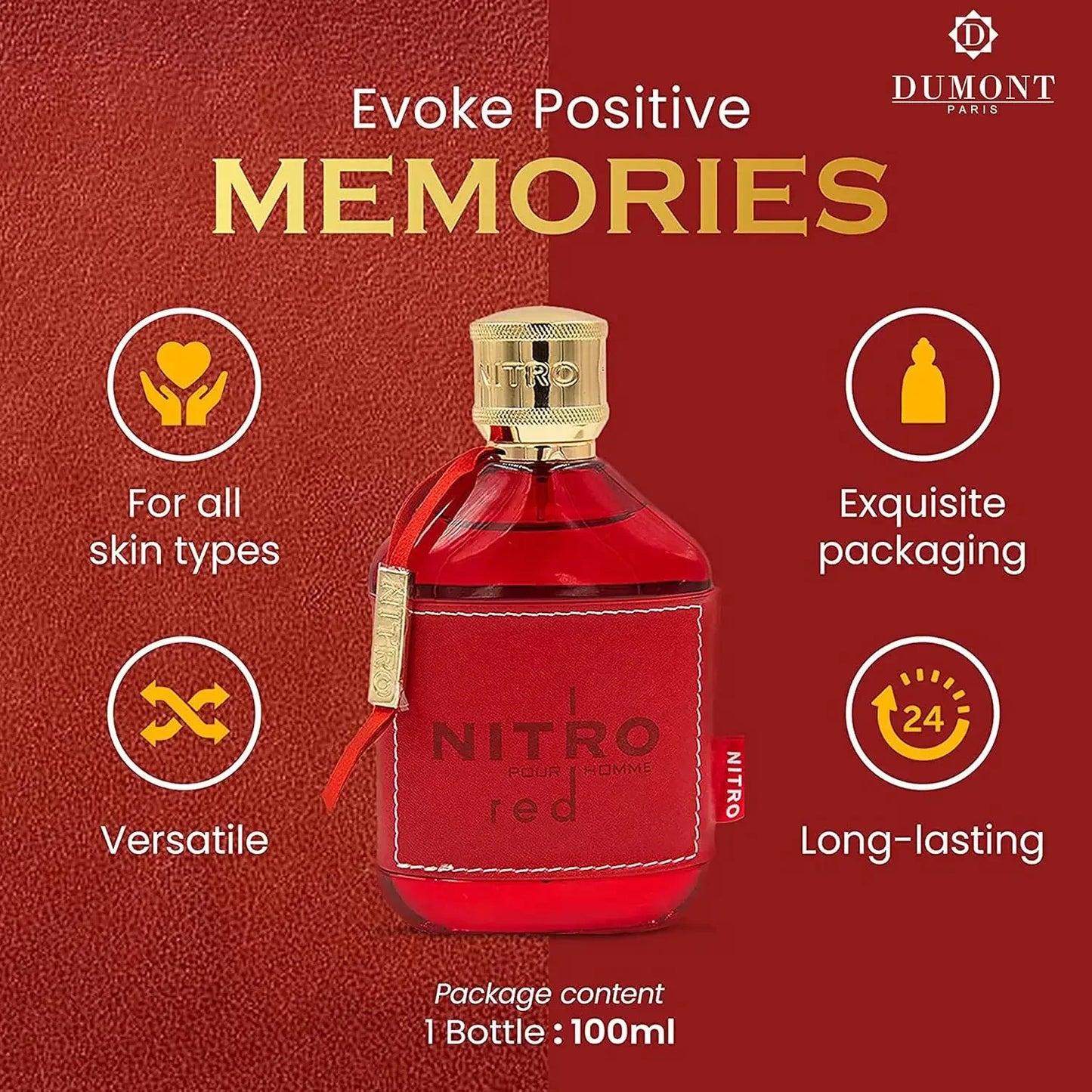 Dumont Nitro Red EDP 100ml Unisex Perfume Fresh Fruity Woody Long Lasting Luxury Scent 3.4oz Vaporisateur Spray Buy Now Best New