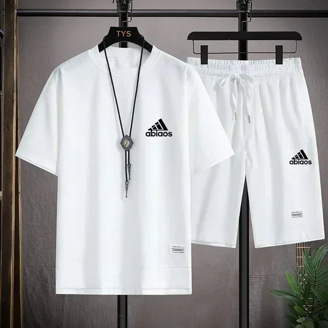Men's casual short sleeved T-shirt and sports shorts, breathable comfortable running waffle set, summer fashion, 2026