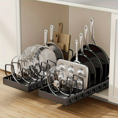 Pull-out Cookware Frying Pan Storage Rack with 8 Adjustable Dividers Pot Lid Holder Under Cabinet Kitchen Organizer