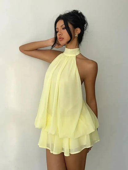 2026 Women's Elegant Halter Neck Sleeveless Ruffled Layered Chiffon Mini Dress Casual Summer Party Dress for Beach Vacation Y2K