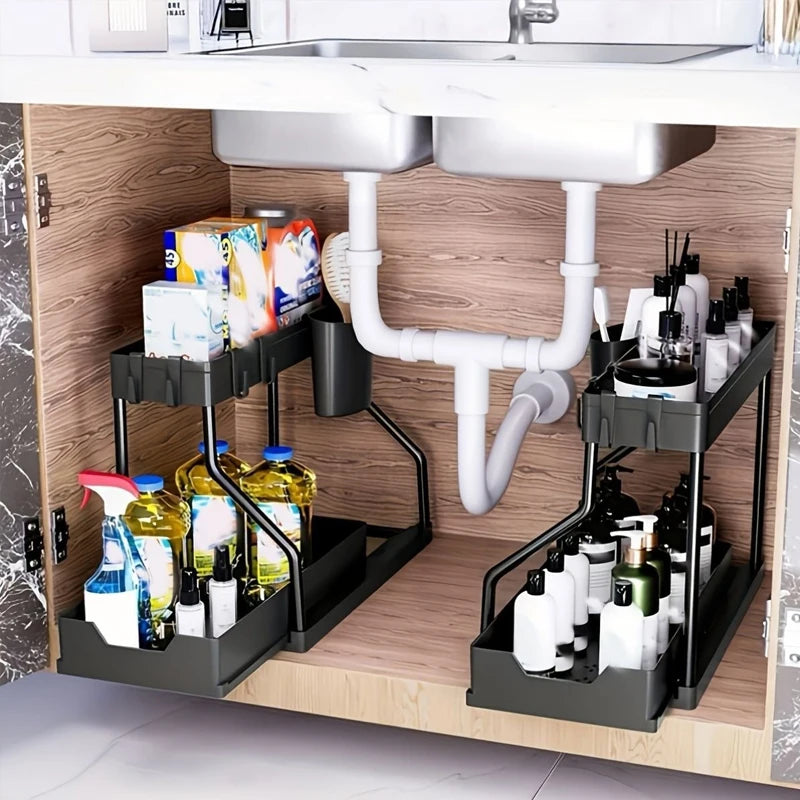 Double Layer Sliding Under Sink Storage Rack with Hanging Hooks Multifunctional Kitchen Bathroom Cabinet Organizer Rack