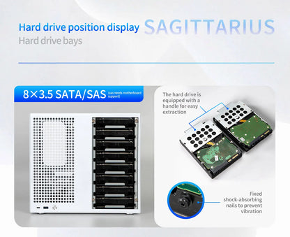 Sagittarius 8-bay NAS Computer Chassis with ATX Power Supply, MATX Motherboard, Full-height PCIE, 21.8L
