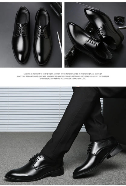 Mens Breathable Leather Dress Shoes Formal Business Footwear Pointed Toe Lace Up Flat Sole Groom Wedding Shoes Simple Leisure