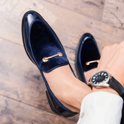 Mens Formal Navy Blue Velvet Patent Leather Loafers With Gold Horsebit Accent Flat Heel Comfortable Non Slip Breathable Business