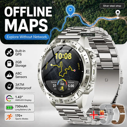 New Outdoor GPS Offline Map Smart Watch Men 3ATM Waterproof 170+ Sports LED Compass Altimeter AMOLED Bluetooth Call Smartwatch