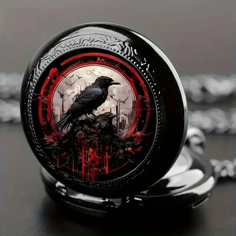 Gothic Design Black Raven Pocket Watch with Necklace Alloy Case & Band,Quartz Movement, Non-Waterproof Watch for Men Women Kids