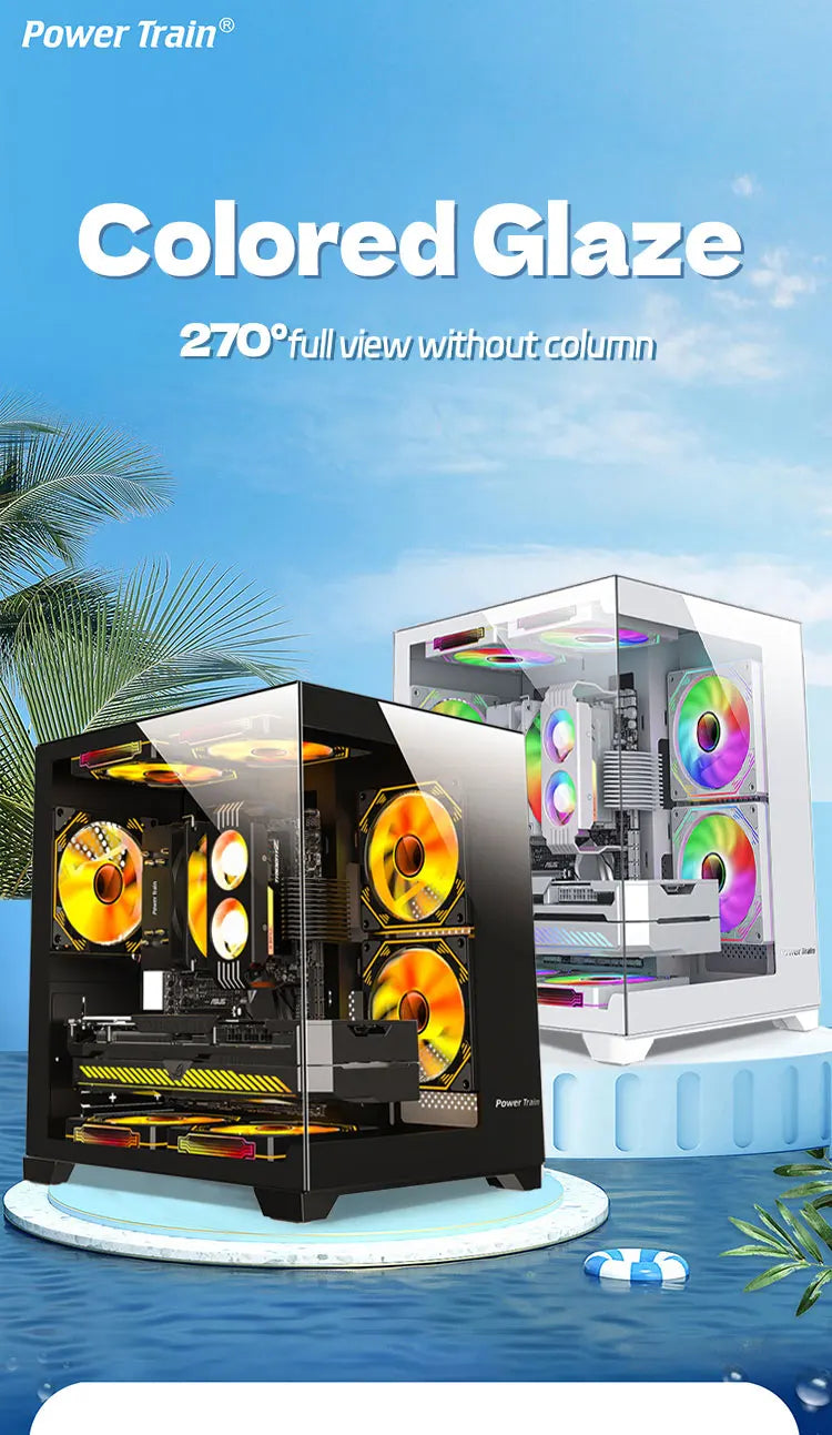 Power Train  Coloured Glaze PC Case Sea View Room 270°full view without column  Desktop Chassis Support 240  Water Cooler
