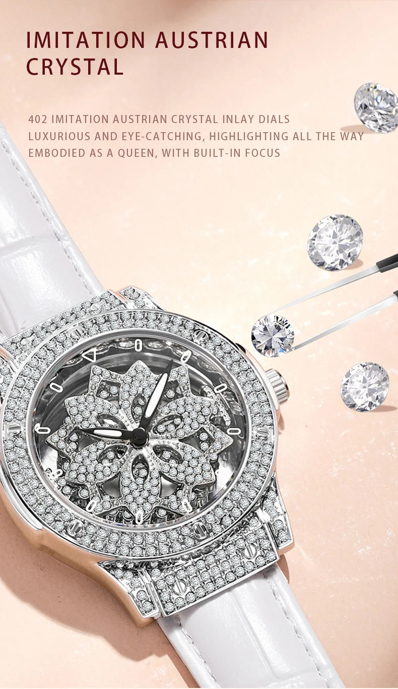 Popular women's watch with fashionable large dial, pentagram waterproof watch for girls, snowflake rotating hollow women's watch