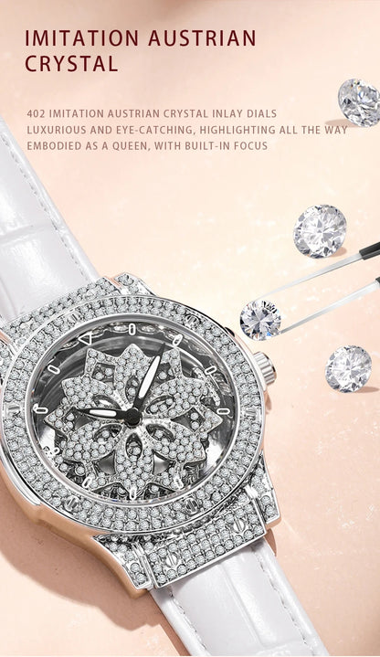 Popular women's watch with fashionable large dial, pentagram waterproof watch for girls, snowflake rotating hollow women's watch