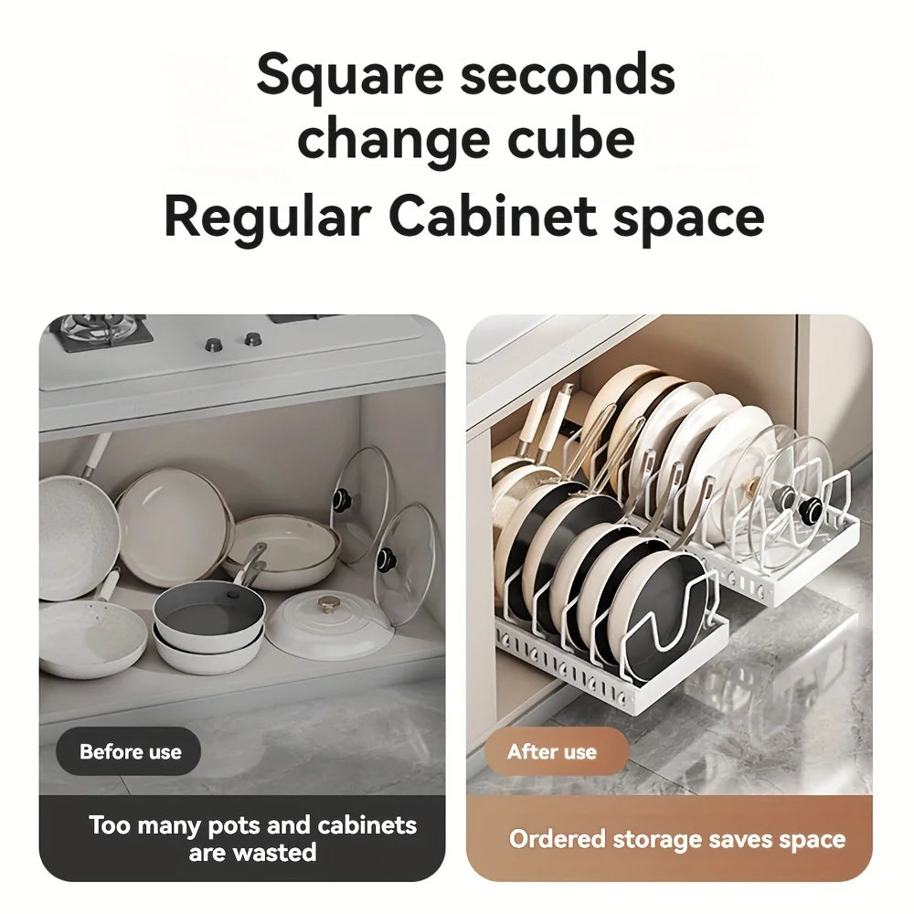 Pull-out Cookware Frying Pan Storage Rack with 8 Adjustable Dividers Pot Lid Holder Under Cabinet Kitchen Organizer