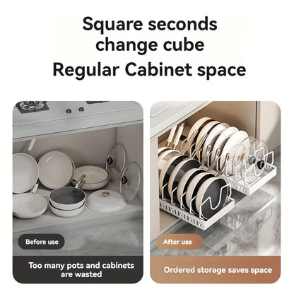 Pull-out Cookware Frying Pan Storage Rack with 8 Adjustable Dividers Pot Lid Holder Under Cabinet Kitchen Organizer