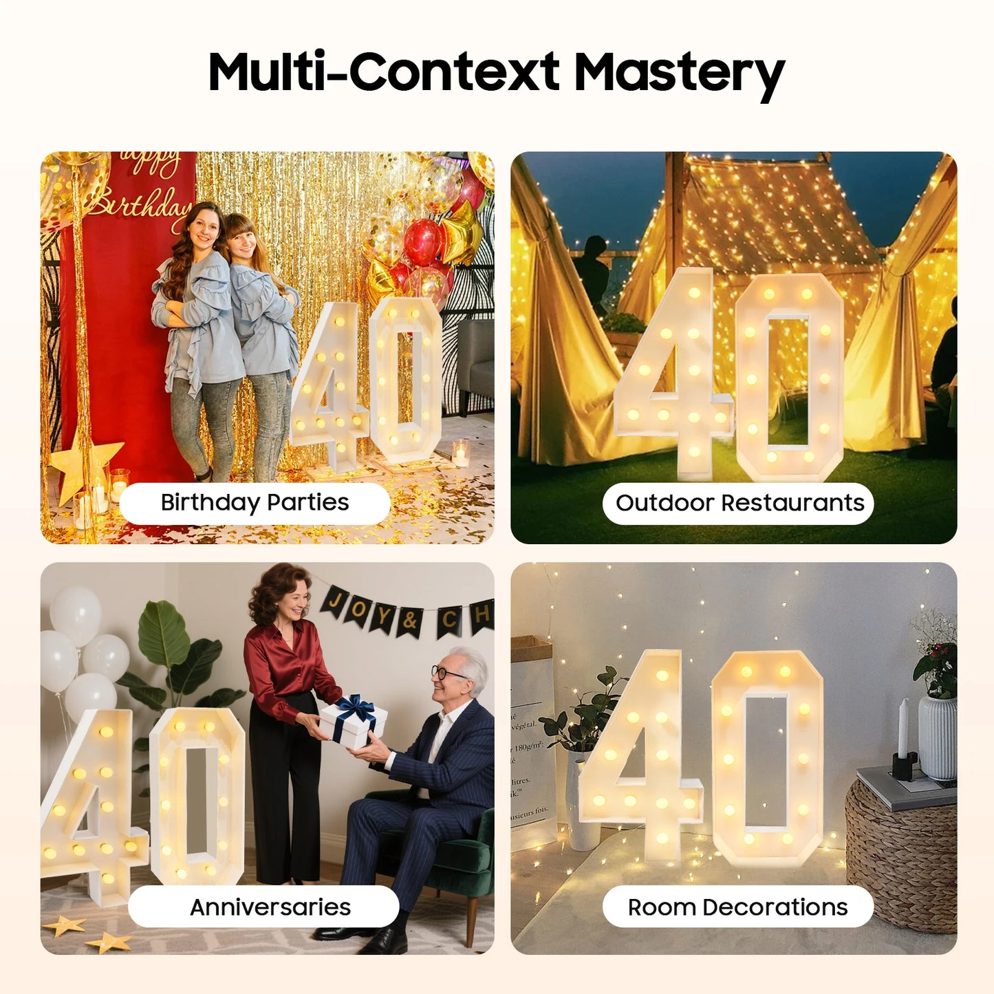 40 Light Up Numbers Battery Powered Warm White LED Big Birthday Anniversary Decor for Party Backdrop Indoor 39.37 Inch