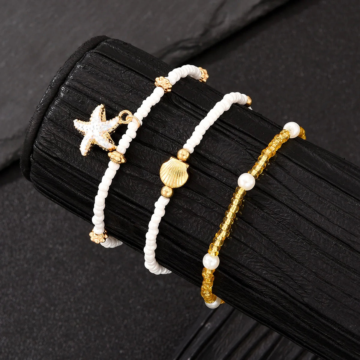 3Pcs/Set Bohemian Starfish Rice Beads Shell Anklet Set for Women Summer Gold White Color Multilayer Anklet Vacation Jewelry Gift