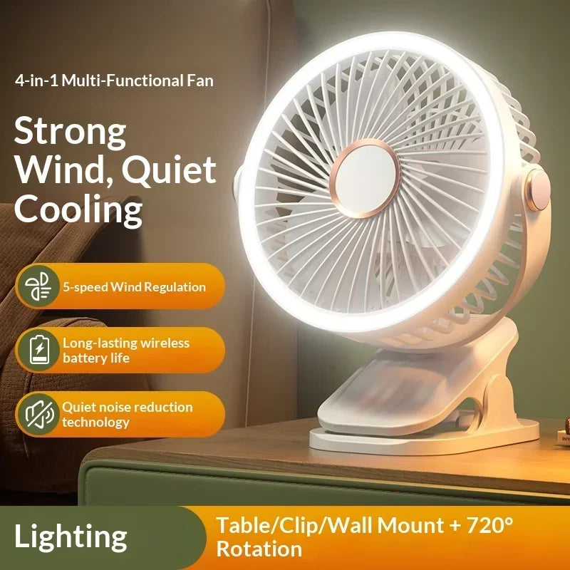 Portable Clip On Fan With LED Light, 720° Rotation Mini USB Rechargeable Fan, 5 Speed Quiet Cooling Fan For Home Office Camping