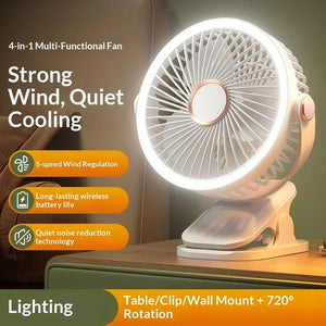 Portable Clip On Fan With LED Light, 720° Rotation Mini USB Rechargeable Fan, 5 Speed Quiet Cooling Fan For Home Office Camping