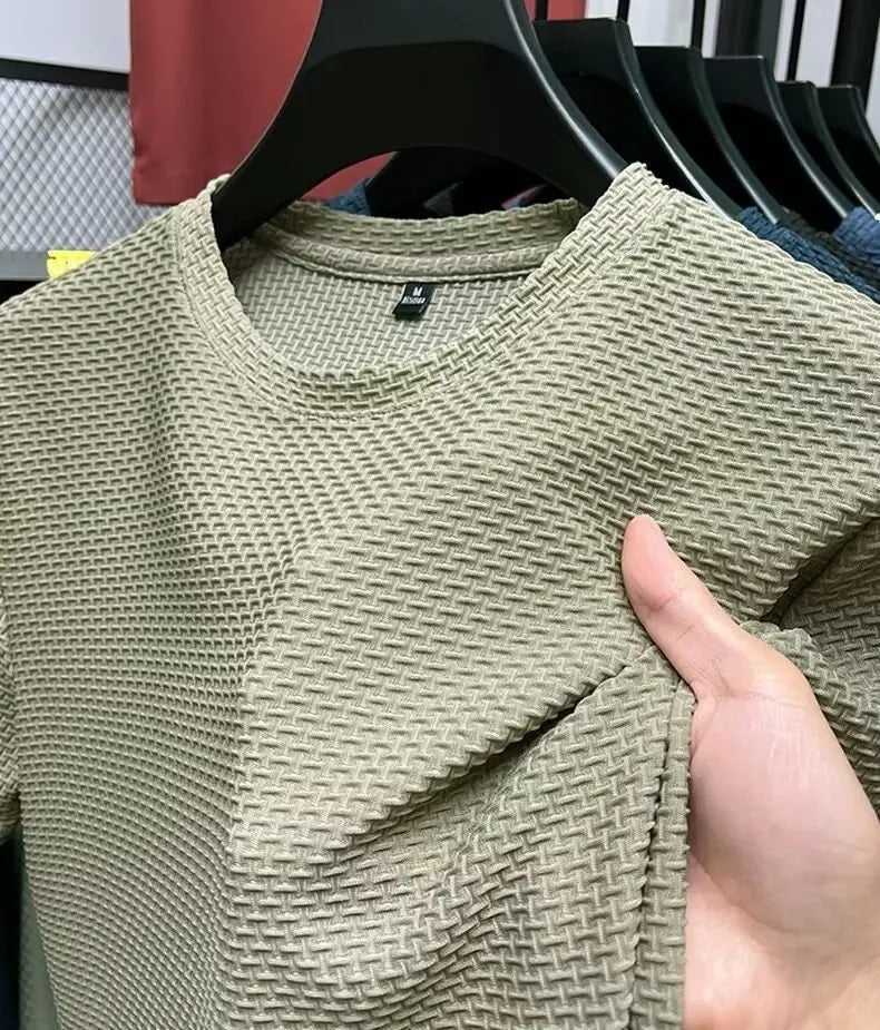 Mesh Ice Silk T-shirt Men's Short sleeved Round Neck New T-sleeved Men's Bottom Shirt Summer Solid Color Men's Top
