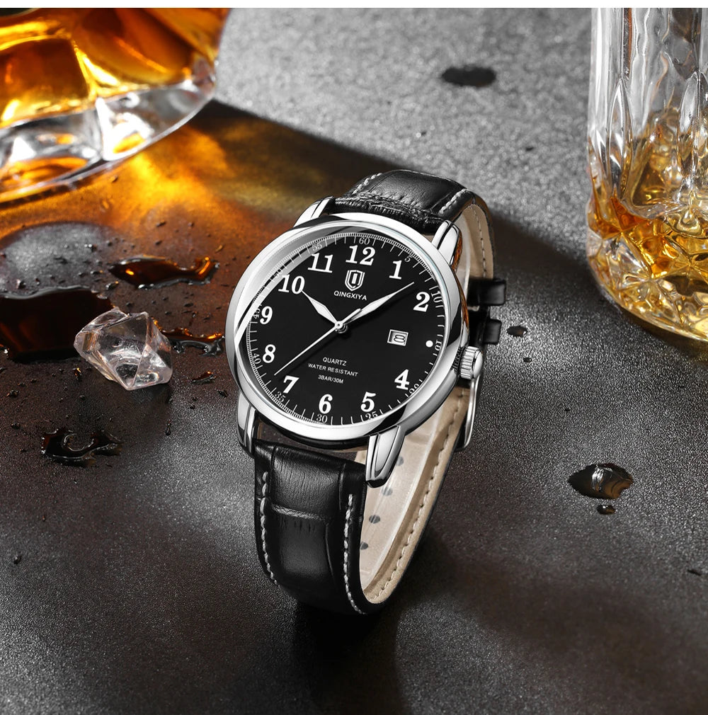 QINGXIYA Classic Business Watch  Men Calendar Quartz Watches Top Brand Luxury Leather Waterproof Mens Watches Relogio Masculino