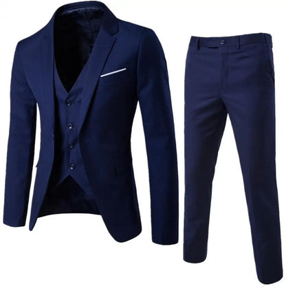 Men Three piece Suit Formal Business Suit Pants Set Solid Color Slim Fit Turn down Collar Anti wrinkle Groom Wedding Suit
