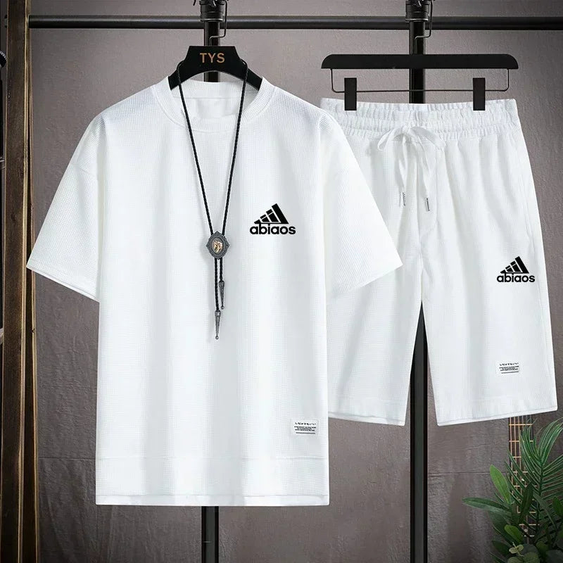 Men's casual short sleeved T-shirt and sports shorts, breathable comfortable running waffle set, summer fashion, 2026