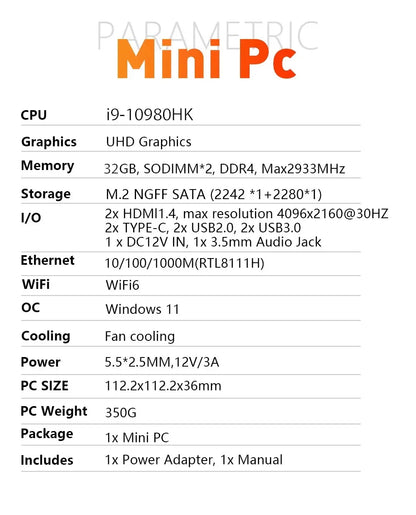 Mini PC Laptop Win11 Pro Core i9-8950HK 32GB RAM 1TB/2TB SSD WiFi6 BT5.2 4K HD Home & Gaming 3-Year Warranty