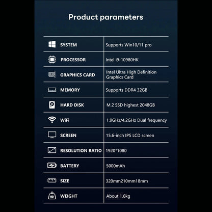 15.6 Inch Laptop Intel Core i9 10980HK Windows 11 Pro 32GB DDR4 M.2 2TB SSD Ultrabook Computer Fingerprint Unlock WIFI Fast