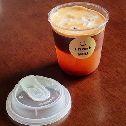 20pcs Disposable Plastic Coffee Cups with Lids, Warm Sticker Design for Coffee/Milk Tea, 12cm/4.72in