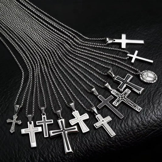 Stylish Men's Stainless Steel Cross Necklace,Punk Hip Hop Cross Pendant Necklace,Birthday Party Jewelry Gift for Him Dad Son