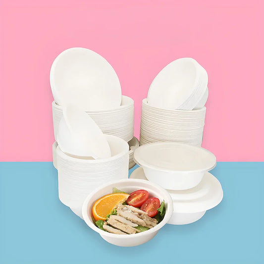 220ml White Pulp Bowl 50pcs, Disposable Sugarcane Fiber Bowl for Party, Takeaway, Food Service, Eco Safe & Leak Proof, 11.5cm