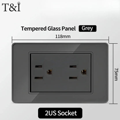 118*75mm TEMPERED GLASS SWITCH PANEL Wall Socket with USB Type - C, Grey US Switch, Thai Plug for Home & Office Use