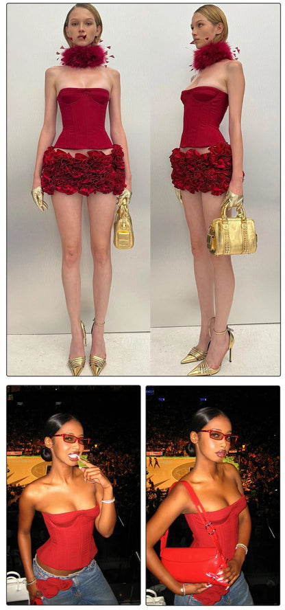 VC Christmas Dress Strapless Red Structured Top With Floral Embellished Mini Skirt Bodycon Celebrity Party Cocktail 2 Pieces Set