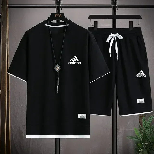 Men's casual short sleeved T-shirt and sports shorts, breathable comfortable running waffle set, summer fashion, 2026