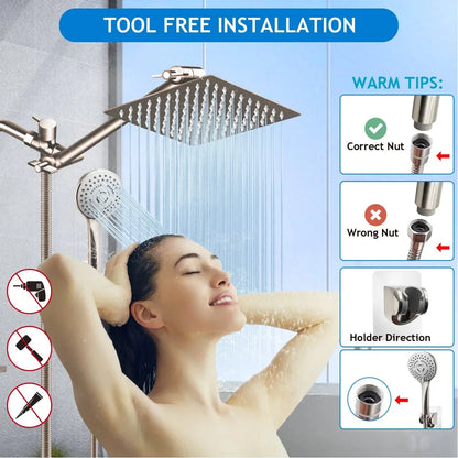 Stainless Steel 8/10 Inch Overhead Showerhead 5 Modes With Extension Arm Multi-function Hand Shower Wall Mounted Showerhead Set