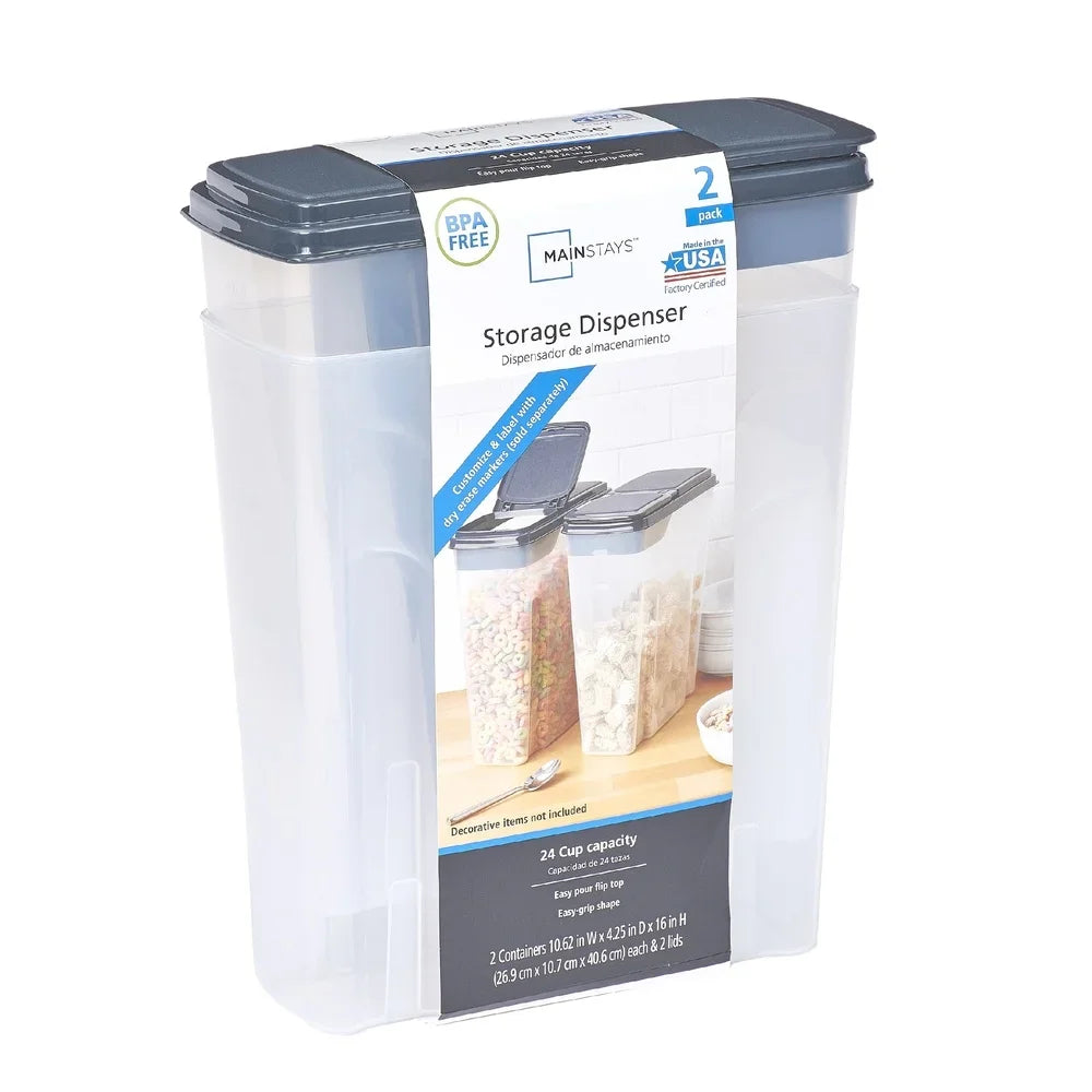 2-Pack Plastic Cereal Dispenser Containers 6 Quart Easy Grip Flip Lid Dry Food Storage Organizer