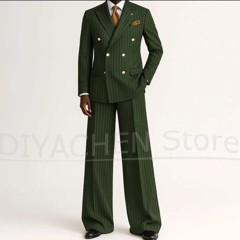 Men's Striped Double Breasted Suit Set Fashion Peak Lapel Formal Outfits 2 Piece Wedding Business Events Casual Male Suit