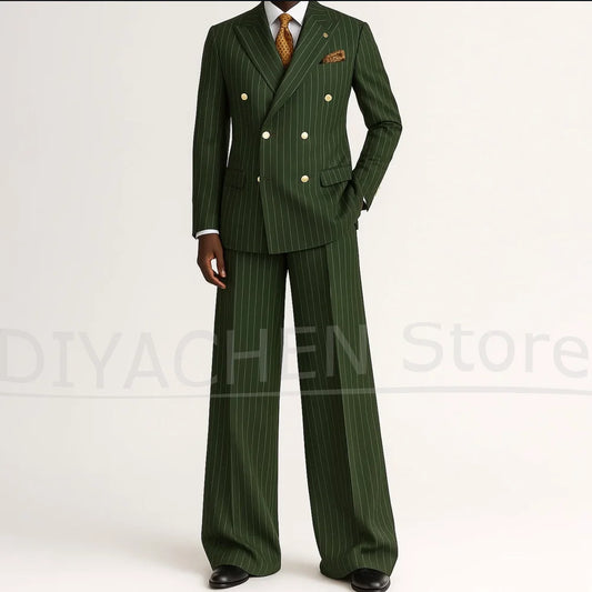 Men's Striped Double Breasted Suit Set Fashion Peak Lapel Formal Outfits 2 Piece Wedding Business Events Casual Male Suit