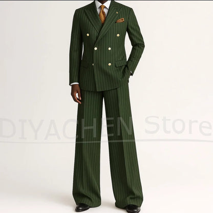 Men's Striped Double Breasted Suit Set Fashion Peak Lapel Formal Outfits 2 Piece Wedding Business Events Casual Male Suit