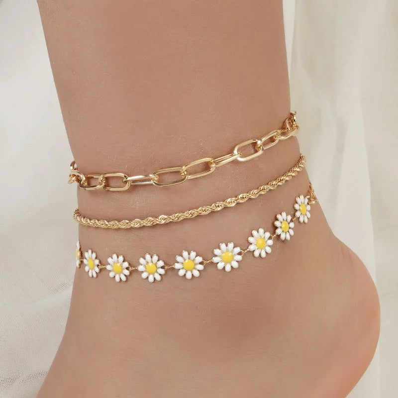 Summer New Daisy Flower Chain Anklets for Women Trendy Beach Starfish Shell Beads Anklet Bracelet On Leg Foot Chain Boho Jewelry