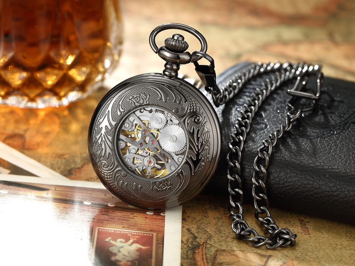 Vintage Skeleton Mechanical Pocket Watch Engraved Floral Design Hand Wind Fob Watch With Chain For Men Women Luxury Antique Gift