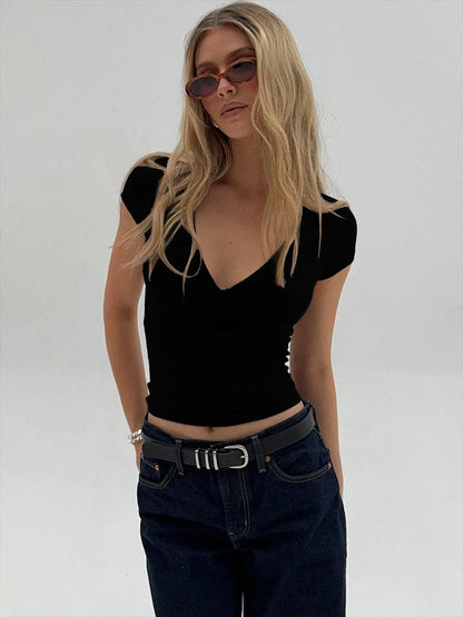 2026 New European and American Style Deep V-Neck Solid Color Waist-Slimming Slim-Fit Fashionable T-Shirt Spring and Summer Top