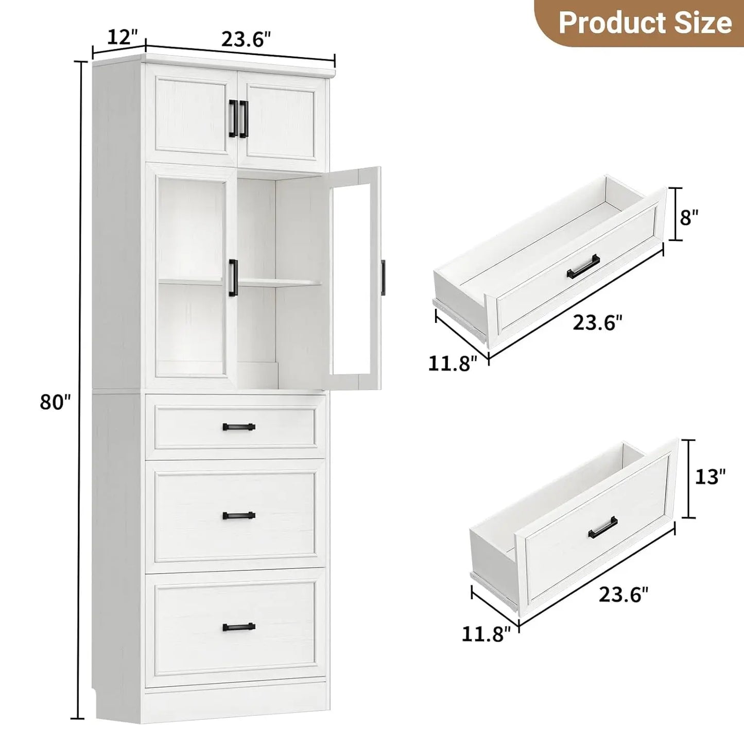 80" Tall Kitchen Pantry Storage Cabinet with Glass Doors, Adjustable Shelves & 3 Drawers, Versatile Tall Storage, Custom