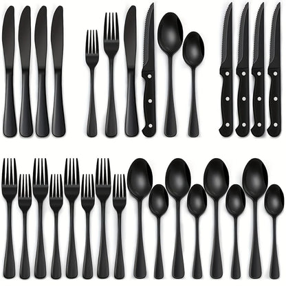36-Piece Black Silverware Set With Steak Knives, Black Flatware Set Food-Grade Stainless Steel Tableware Cutlery Set