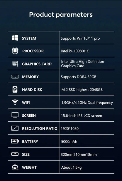 15.6 Inch Laptop Intel Core i9 10980HK Windows 11 Pro 32GB DDR4 M.2 2TB SSD Ultrabook Computer Fingerprint Unlock WIFI Fast