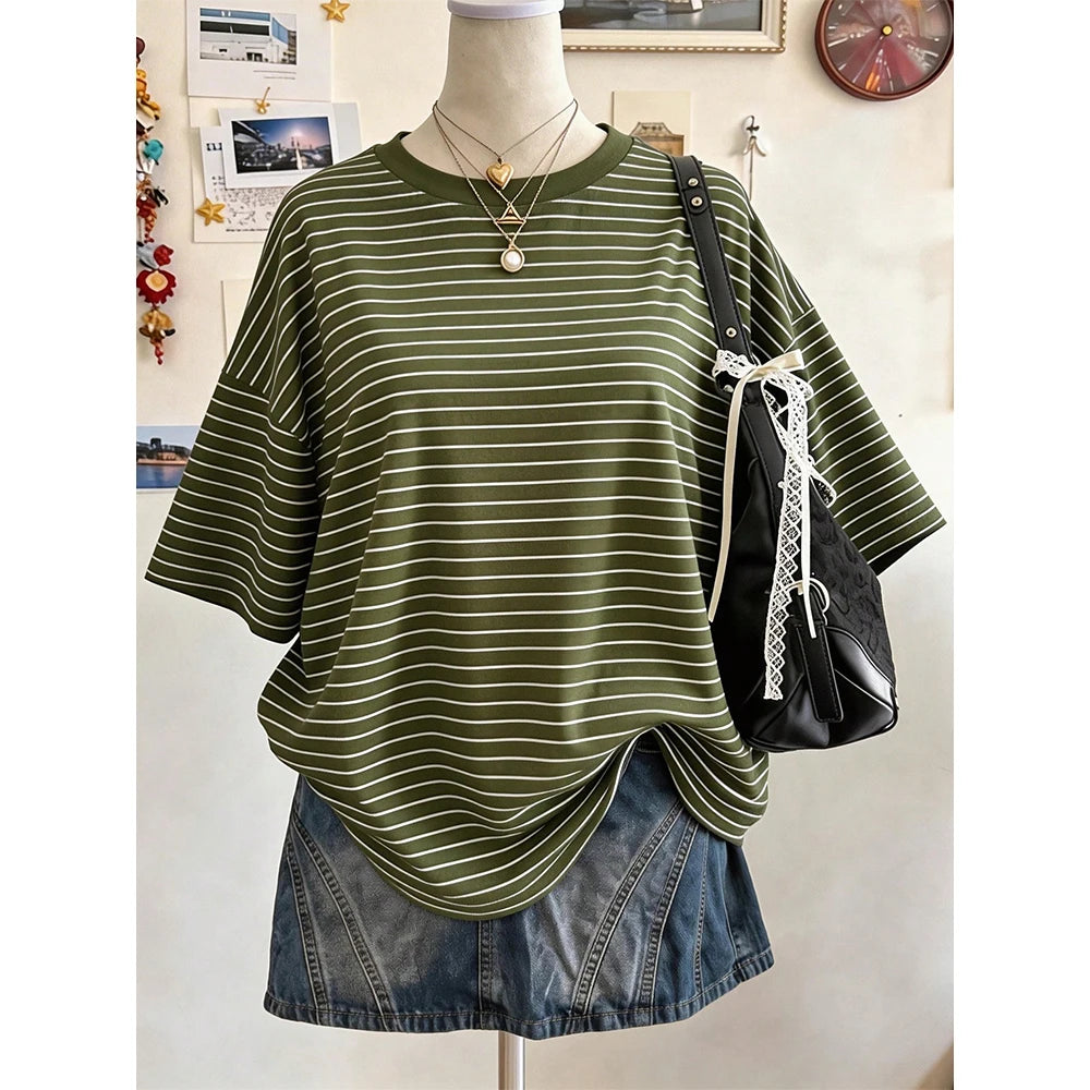 New Y2K Striped Digital Print Casual Oversized Mid-Length Round Neck Drop Shoulder Women Tshirt Street Fashion Casual Sports Top