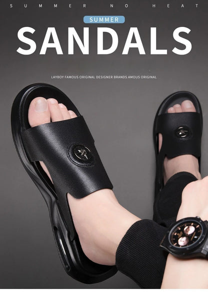 Luxury Men's Genuine Leather Sandals Classic Roman Men Shoes Slippers Soft Comfortable Men Non-slip Walking Slippers Footwea