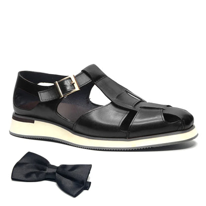 XEBOS Men's Sandals Genuine Leather Cowhide Summer Outdoor Flat Shoes Casual Sneakers Buckle Strap Black Brown Male Footwear