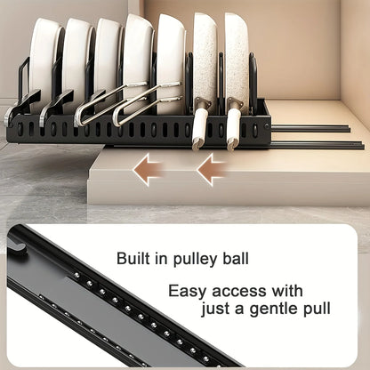 Pull-out Cookware Frying Pan Storage Rack with 8 Adjustable Dividers Pot Lid Holder Under Cabinet Kitchen Organizer