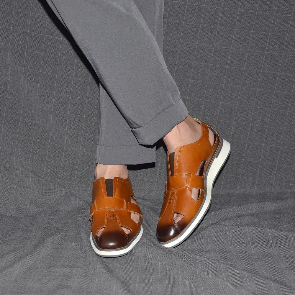 Classic Arabic Style Mens Sandals Genuine Cow Leather Slip-On Hollow Out Casual Business Party Dress Shoes for Men Flat Footwear