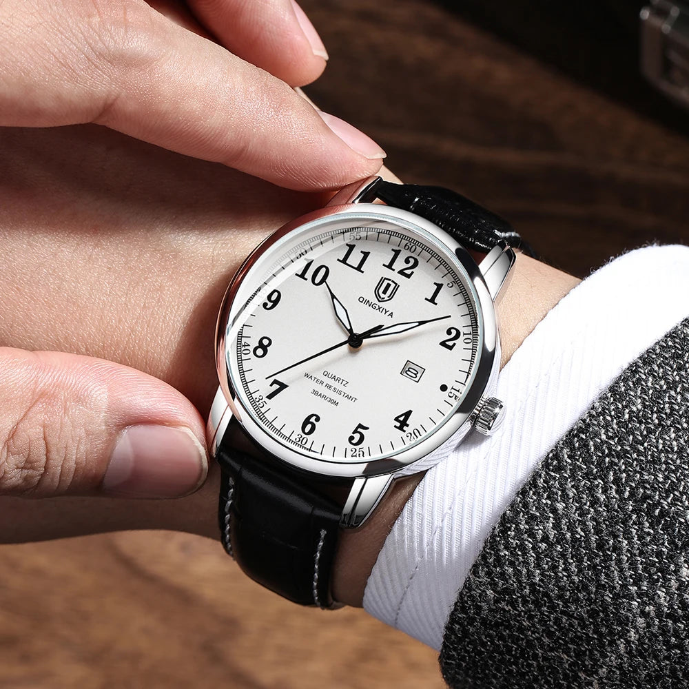 QINGXIYA Classic Business Watch  Men Calendar Quartz Watches Top Brand Luxury Leather Waterproof Mens Watches Relogio Masculino